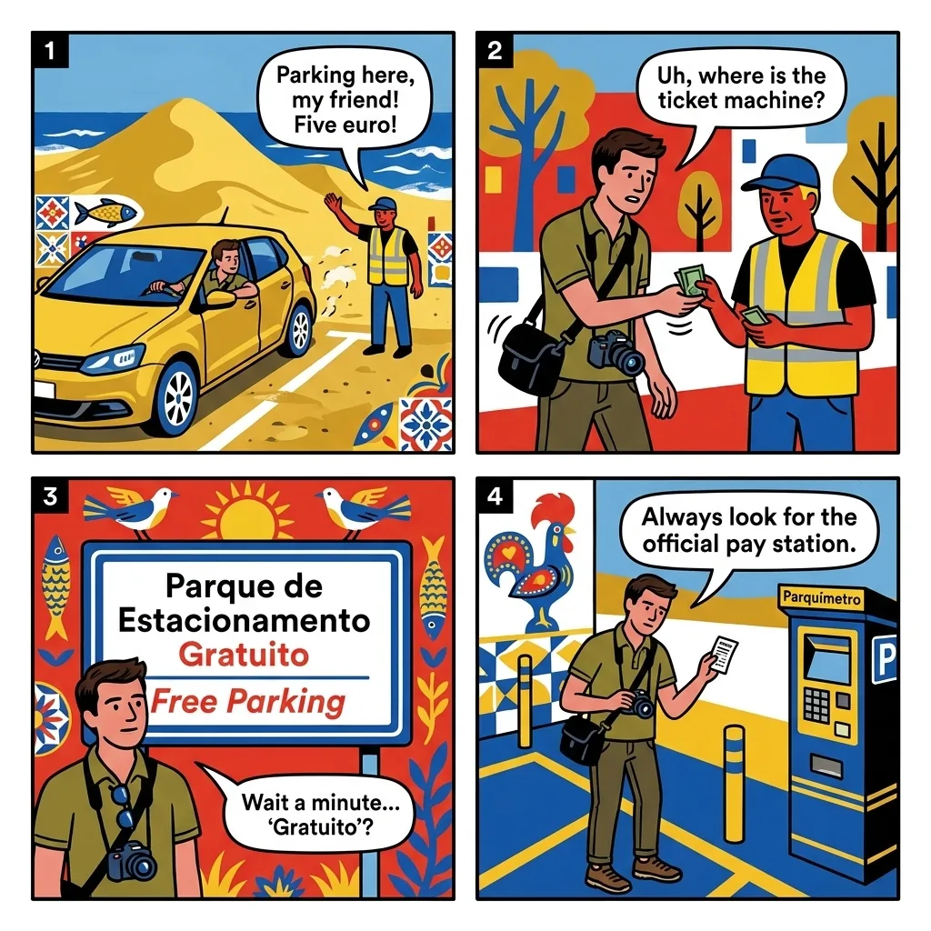 Praia do Guincho Beach Parking & Rental Scam — comic illustration