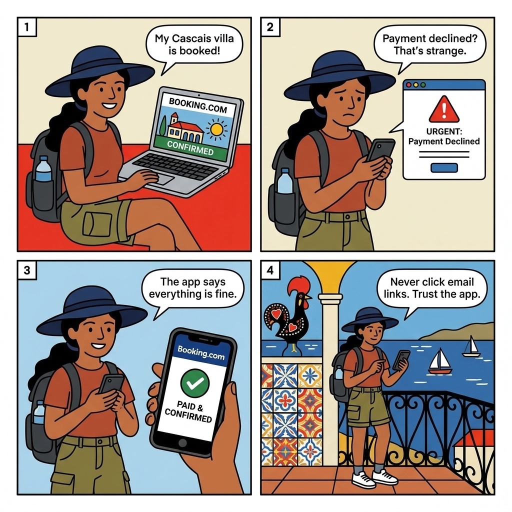 Cascais Accommodation Phishing & Booking.com Off-Platform Fraud — comic illustration