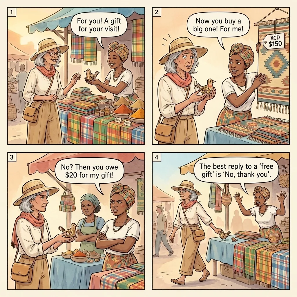 The Castries Market 'Free Gift' Hustle — comic illustration