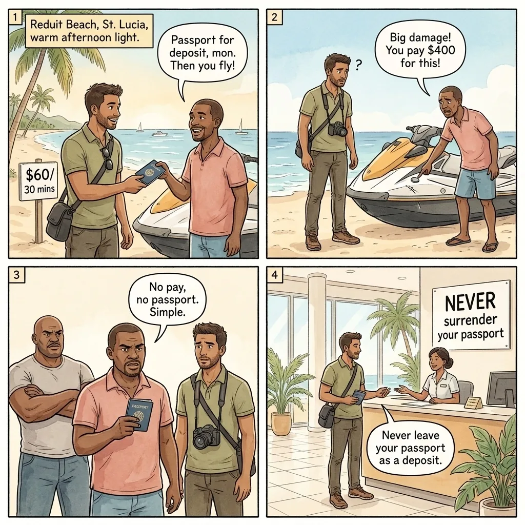 The Reduit Beach Jet-Ski Damage Extortion — comic illustration