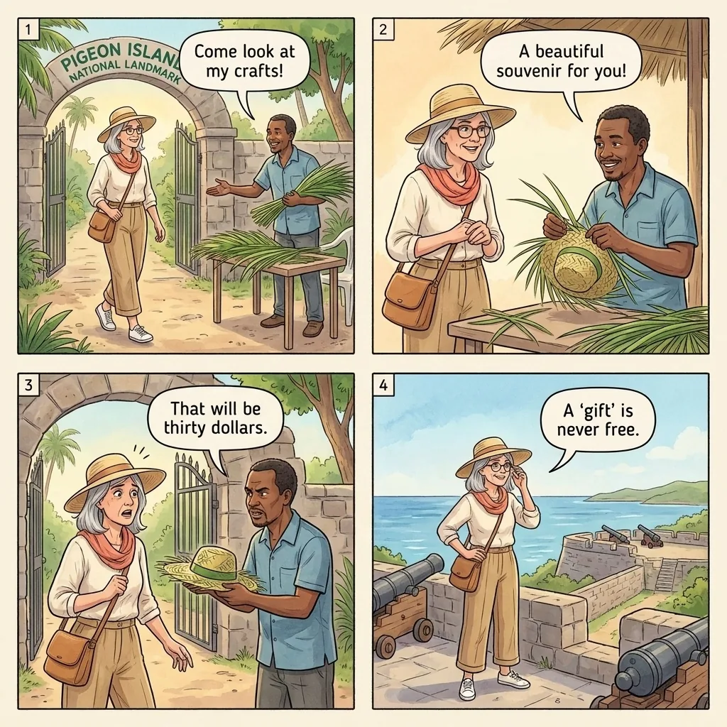 The Pigeon Island Palm-Frond Hustle — comic illustration