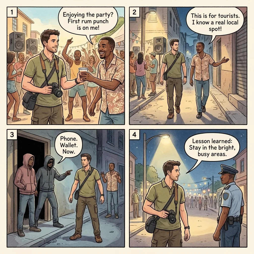 The Rodney Bay Nightlife Robbery Setup — comic illustration