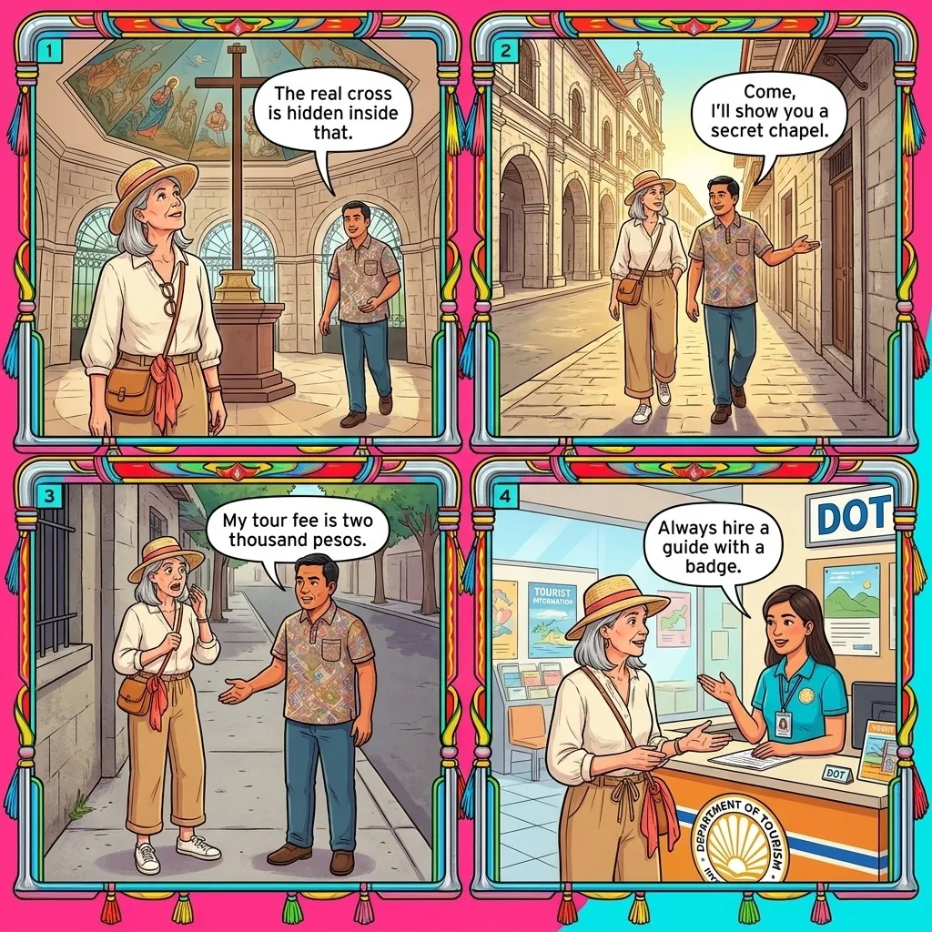 The Cebu Cathedral Fake-Guide Commission Walk — comic illustration