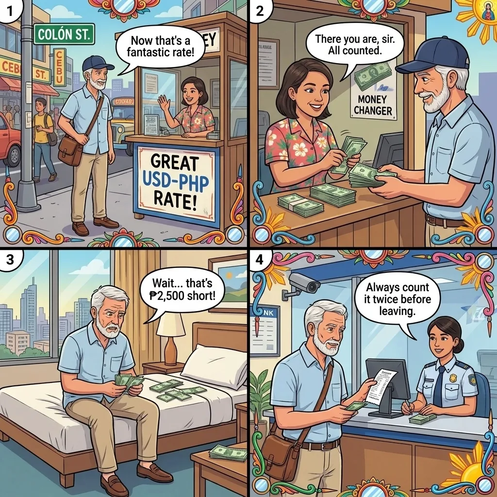 The Colón Street Peso Hand-Off — comic illustration