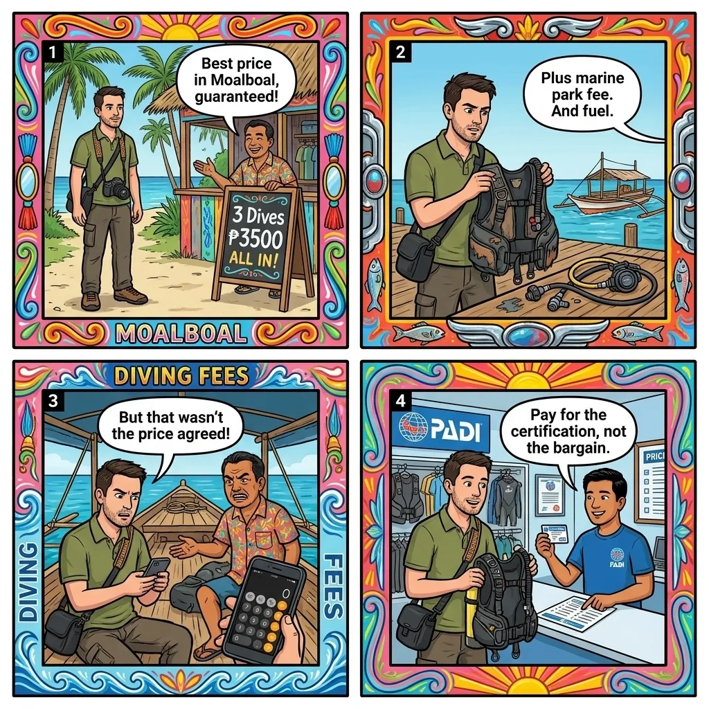 The Moalboal Bargain-Dive Equipment Switch — comic illustration