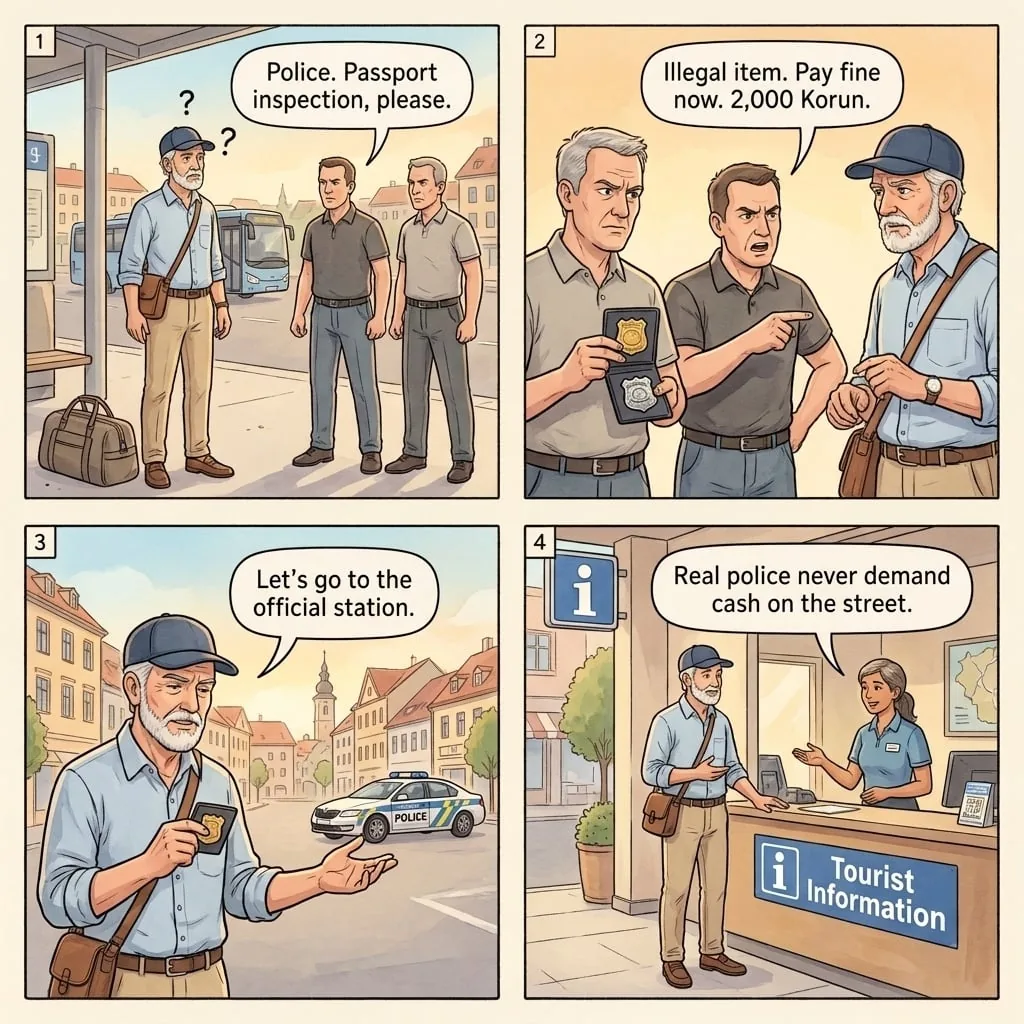 Fake-Police Passport Inspection Shakedown — comic illustration