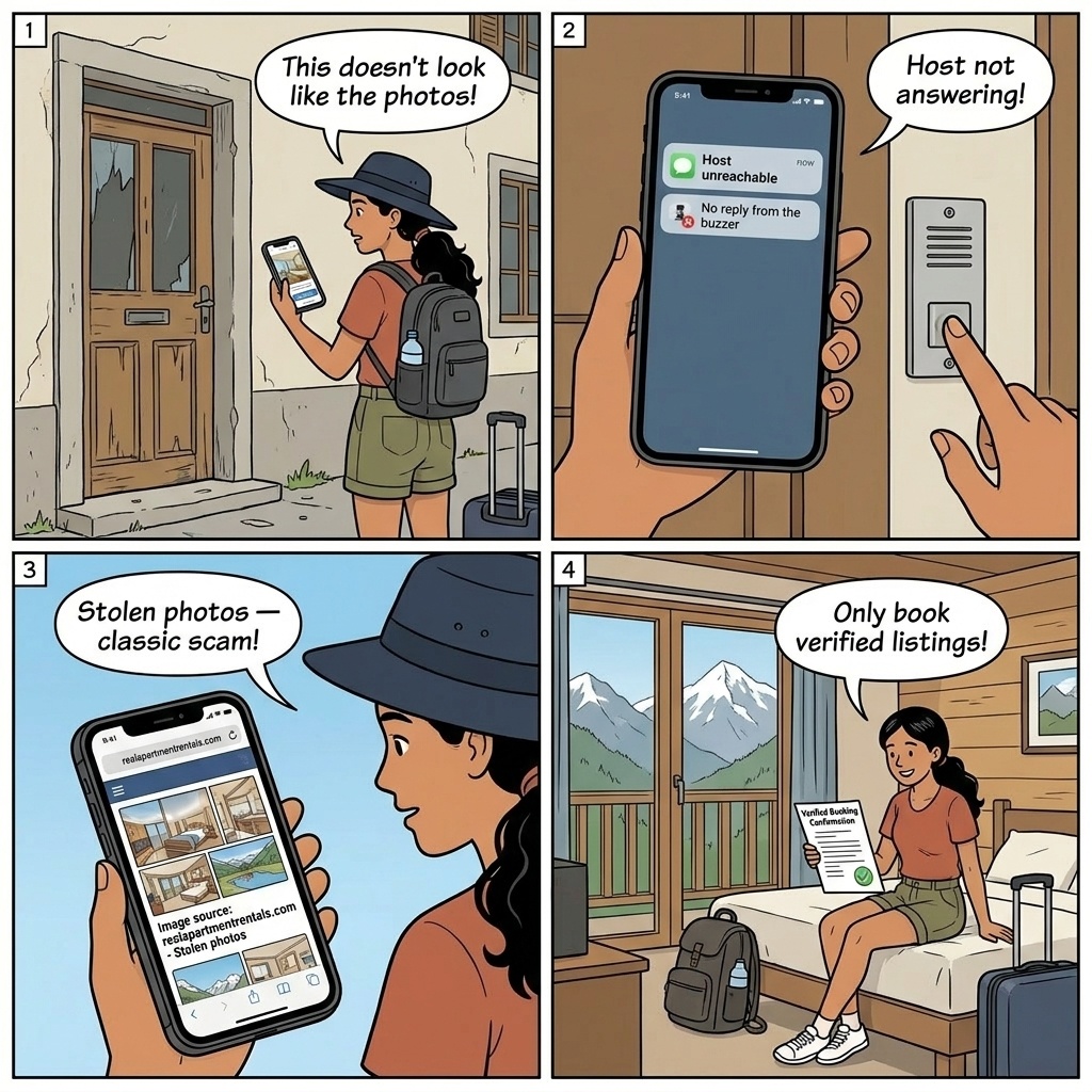 Fake Chalet Rental Scam — comic illustration
