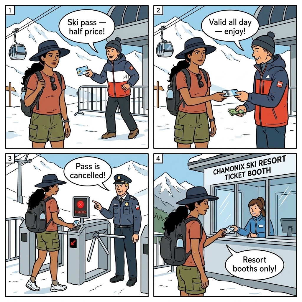 Counterfeit Ski Pass Sales — comic illustration