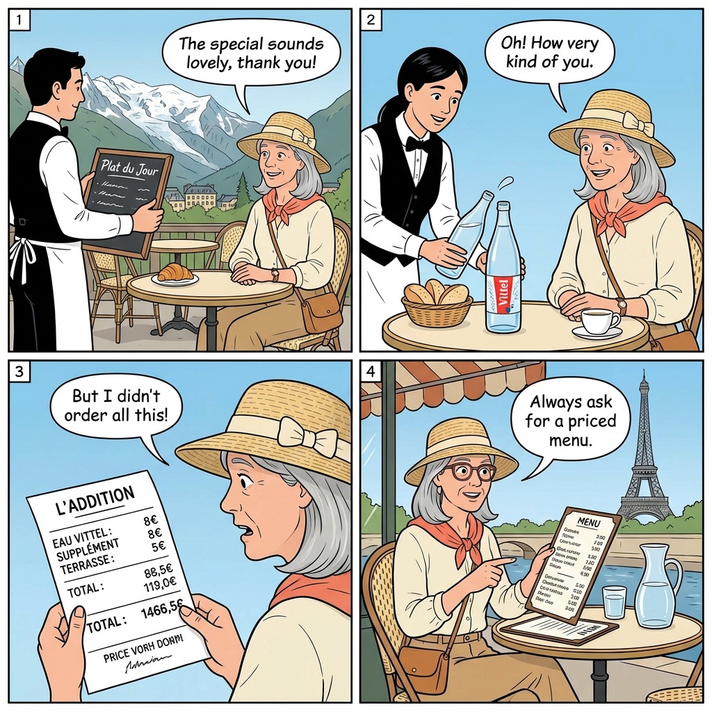 Restaurant Tourist Trap Overcharging — comic illustration