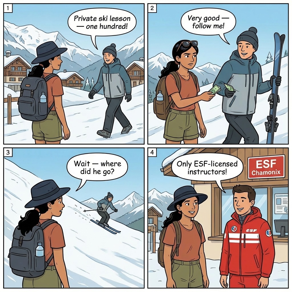 Unlicensed Mountain Guide Scam — comic illustration