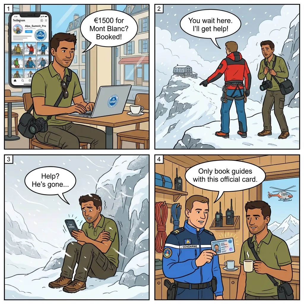 Unlicensed Mountain Guide Scam — comic illustration