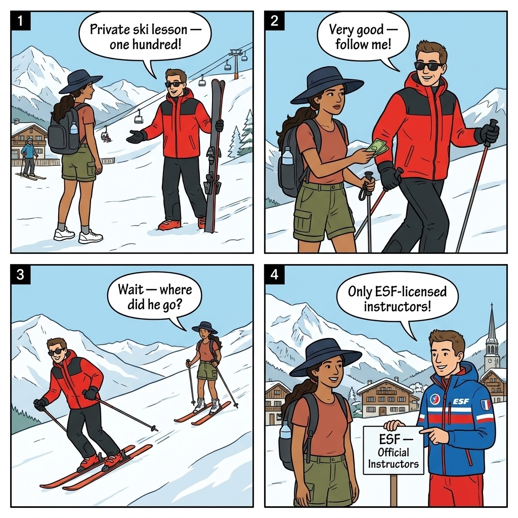 Fake Ski Instructor Scam — comic illustration