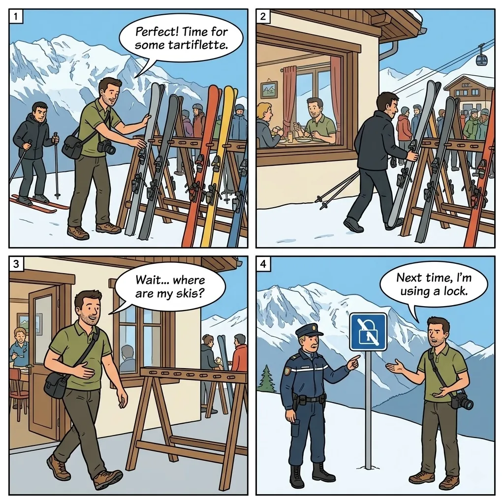 Ski Equipment Theft at Slopes — comic illustration