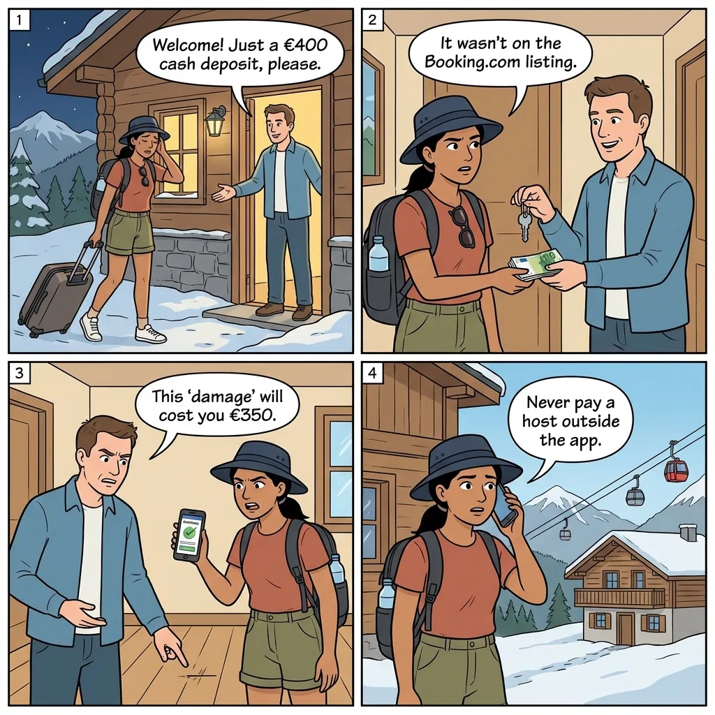 Booking Platform Accommodation Fraud — comic illustration