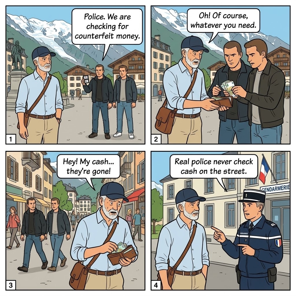 Fake Police Officer Scam — comic illustration