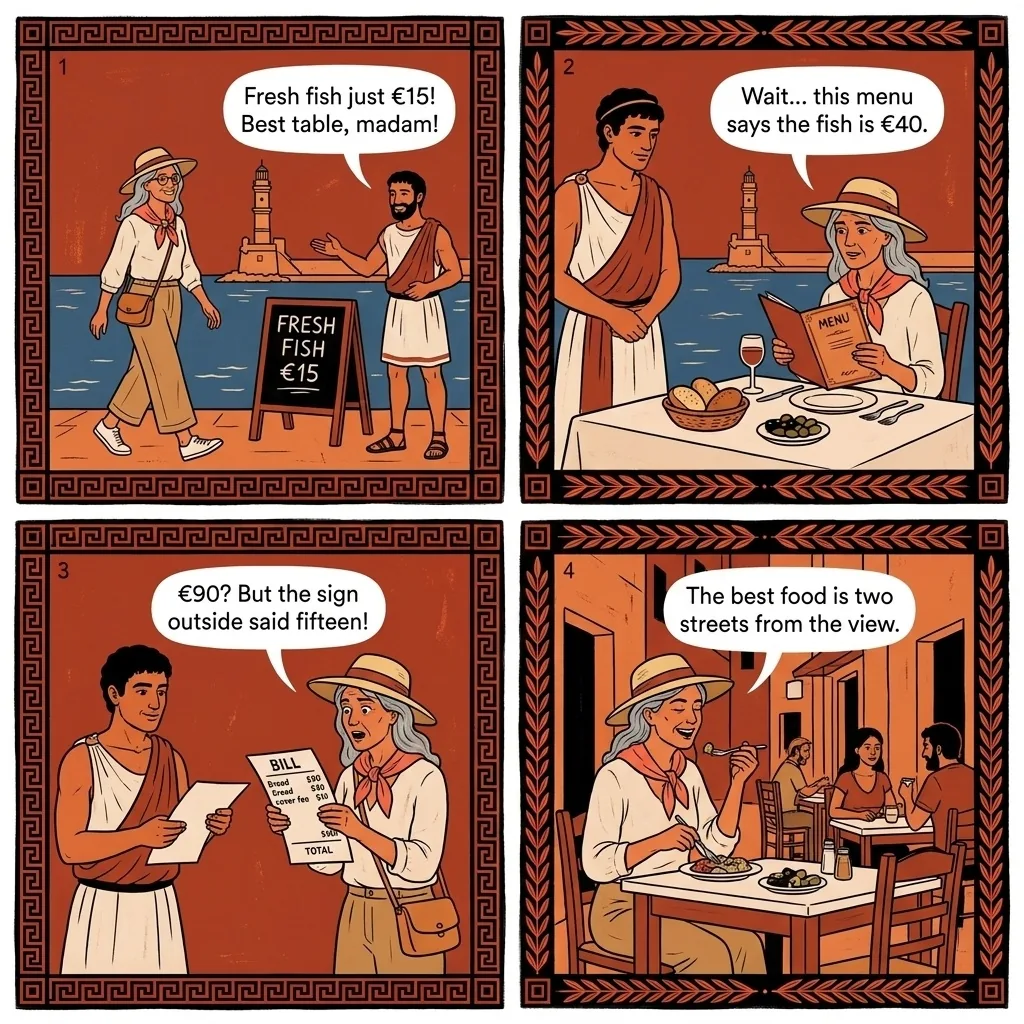 Old Venetian Harbour Tourist-Menu Restaurant Overcharge — comic illustration