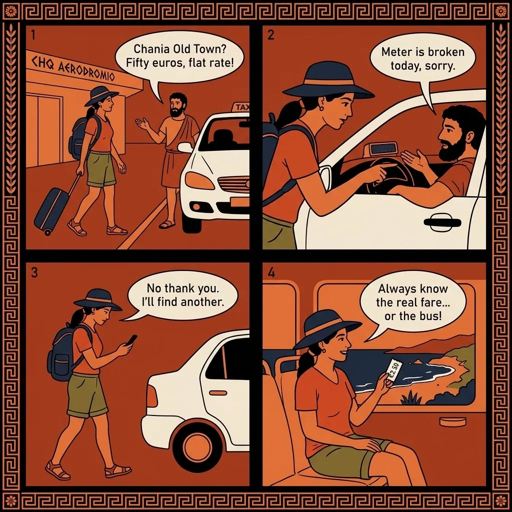 Chania Airport & Heraklion Transfer Taxi Overcharge — comic illustration