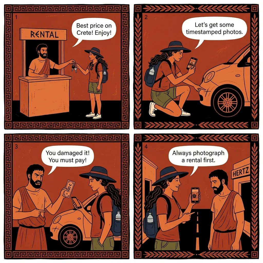 Chania Car Rental Damage Claims — comic illustration