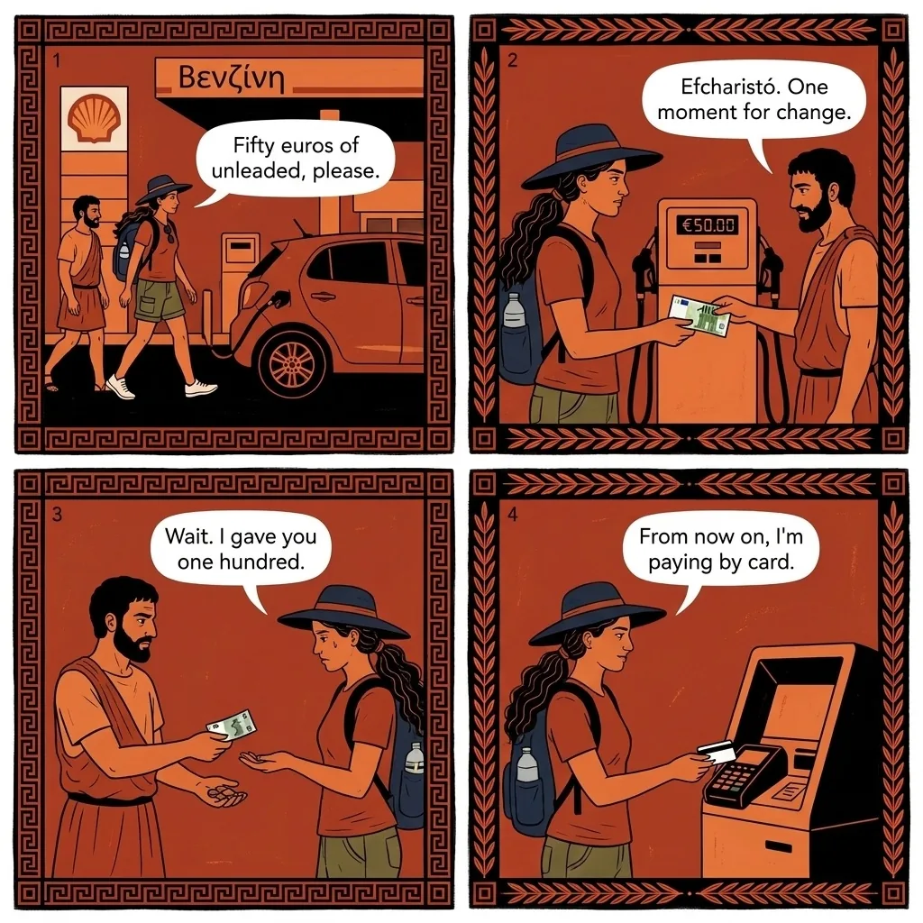 Souda Shell Petrol Station Short-Change — comic illustration