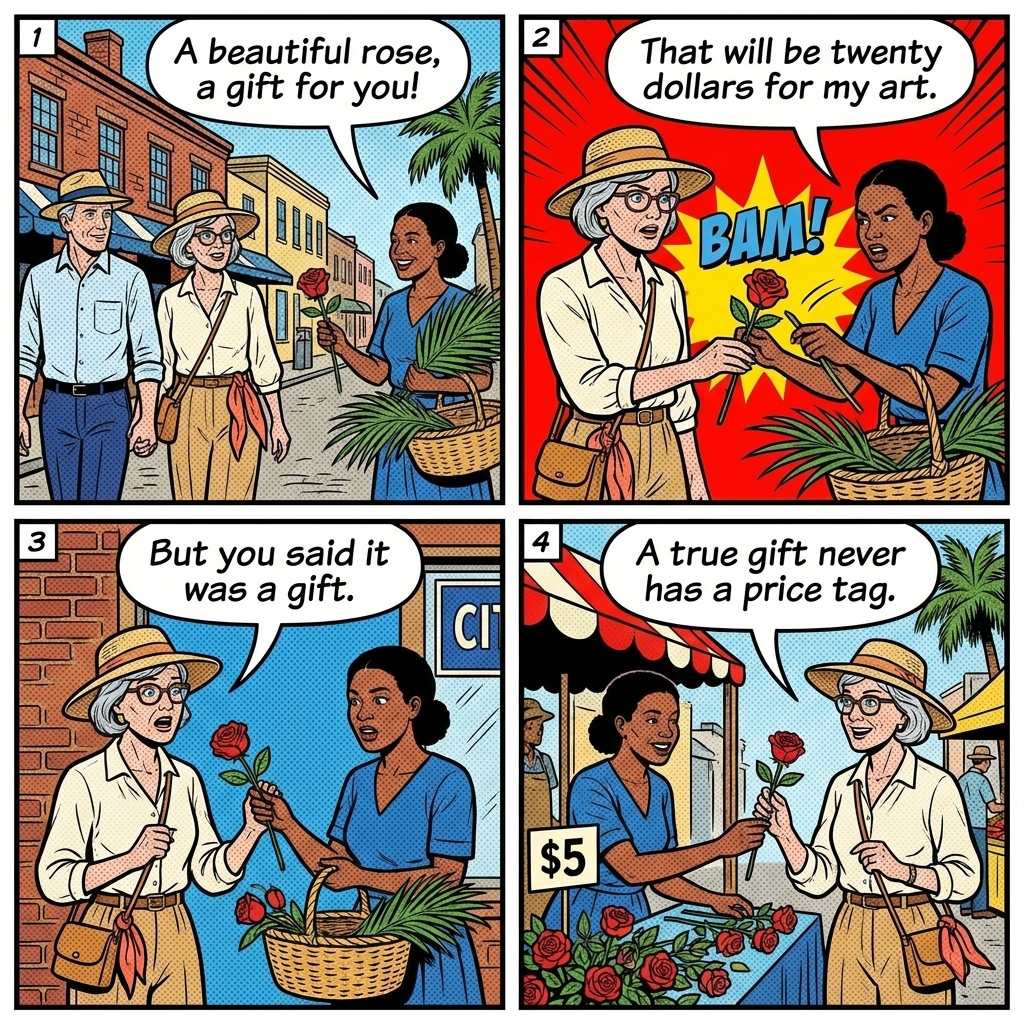Charleston 'Oldest Scam in the Book' — Palmetto Rose & Street Vendor H — comic illustration