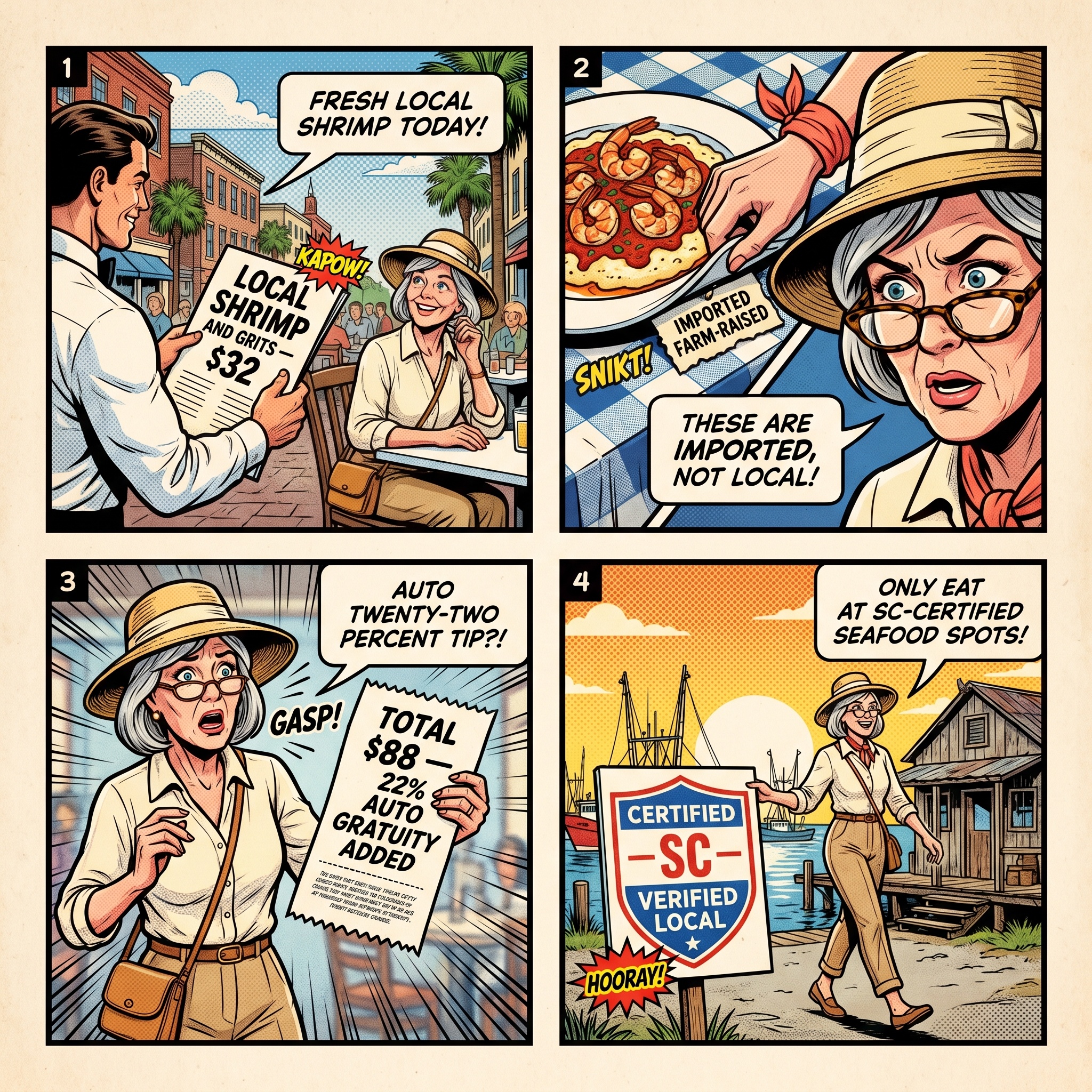 Charleston Restaurant Deceptive Menu, Fake Local Shrimp & Tipping Over — comic illustration