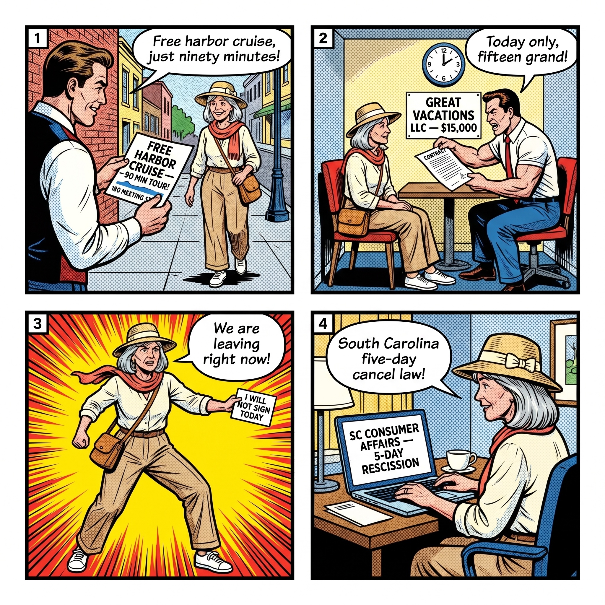Charleston 'Great Vacations LLC' & Meeting Street Timeshare Hustle — comic illustration