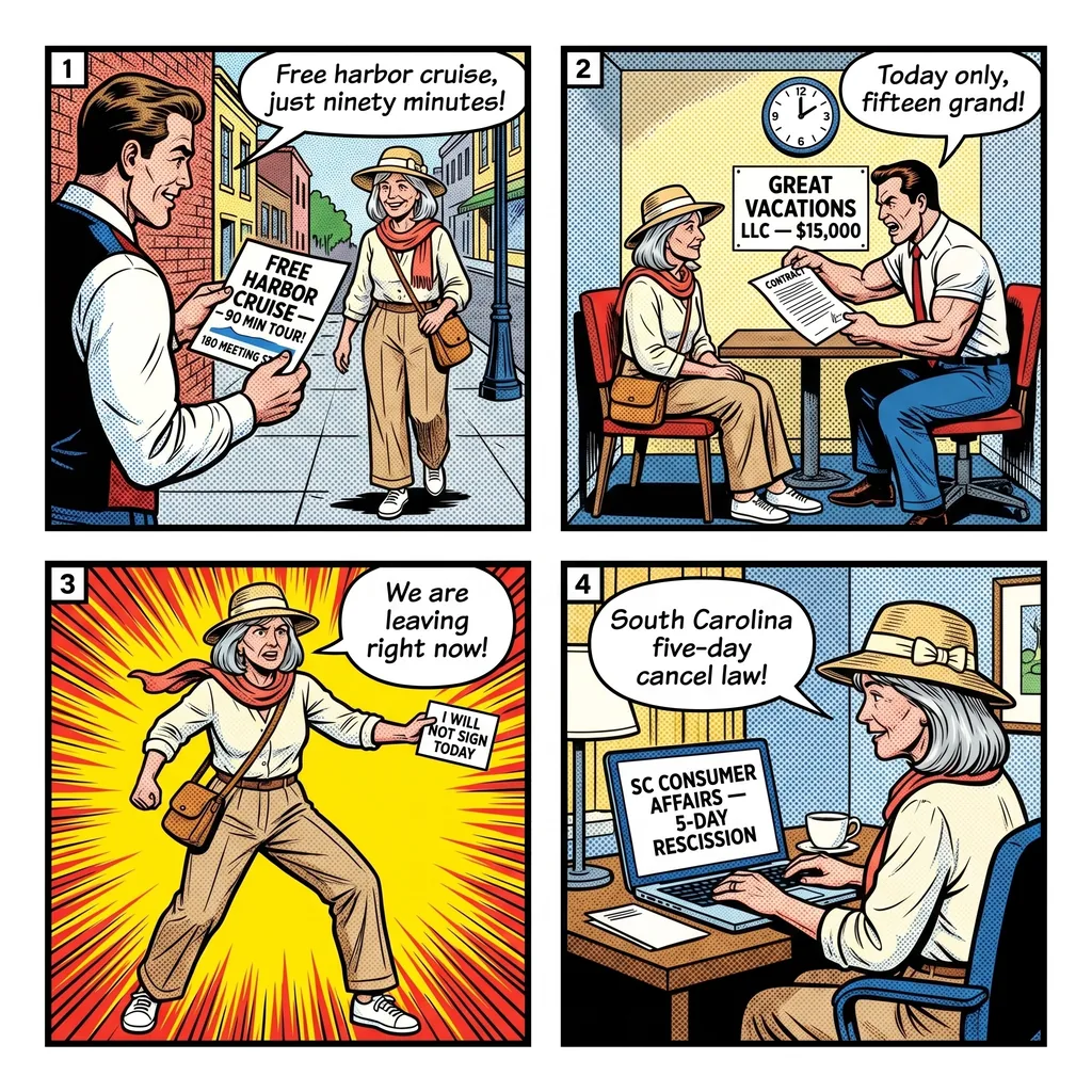Charleston 'Great Vacations LLC' & Meeting Street Timeshare Hustle — comic illustration