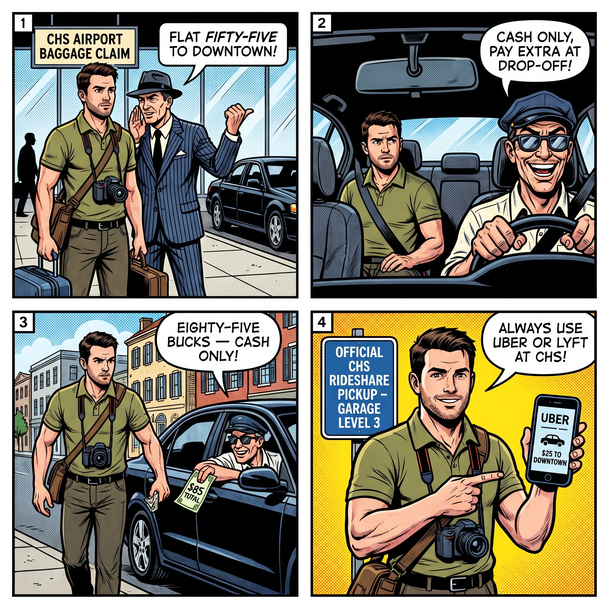 Charleston CHS Airport Rideshare & Taxi Overcharge — comic illustration