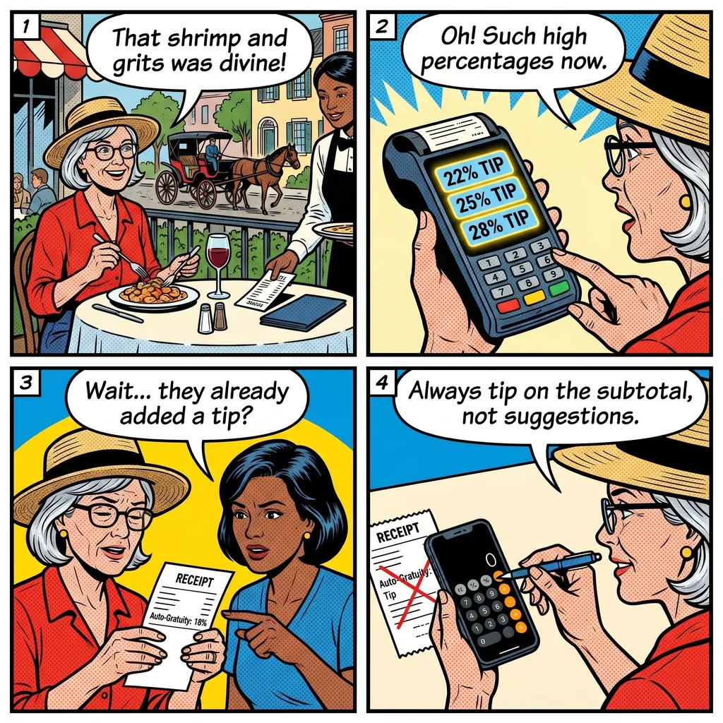 Charleston Restaurant Tip-on-Tax & Auto-Gratuity Tipping Overcharge — comic illustration