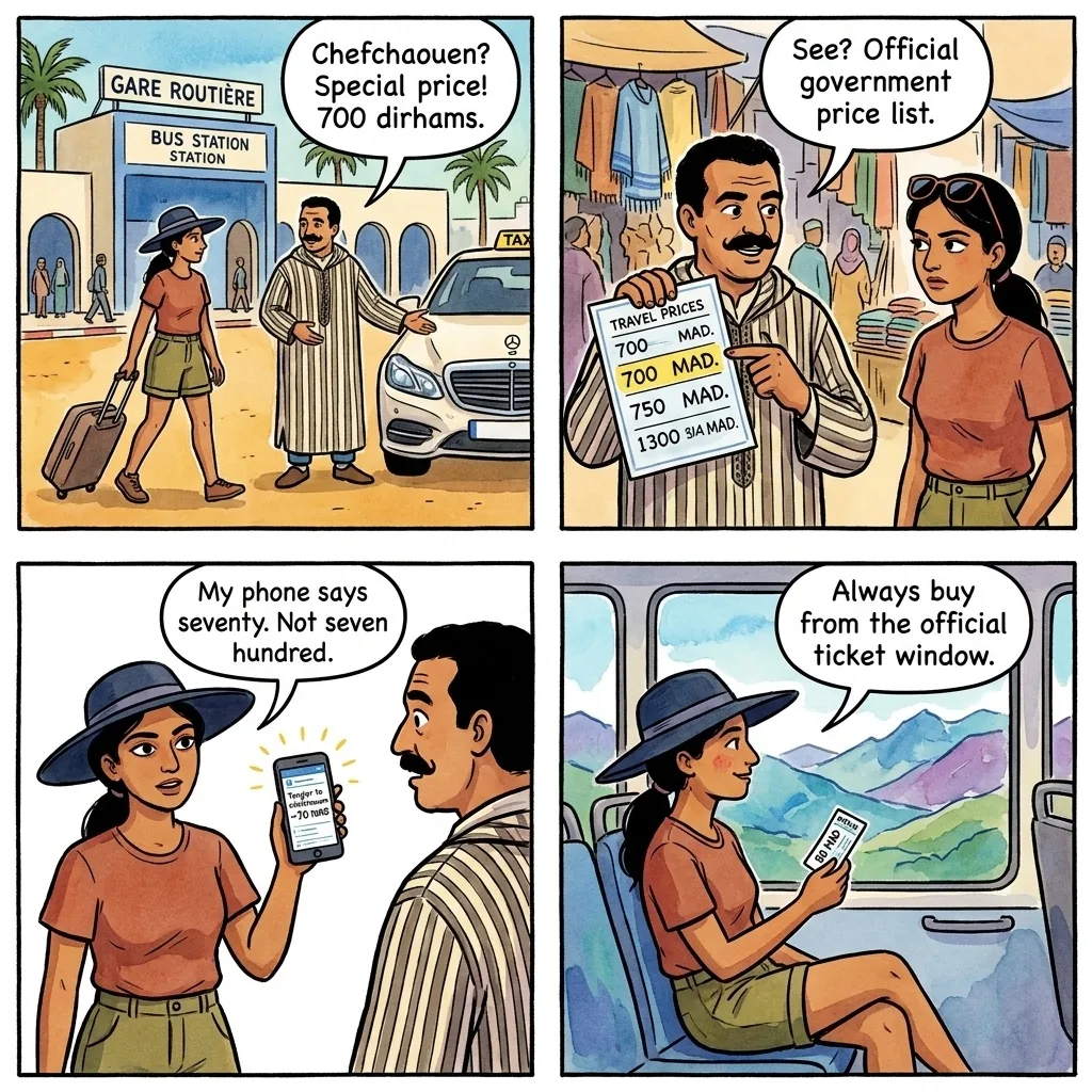 Tangier–Chefchaouen Grand Taxi Overcharge — comic illustration