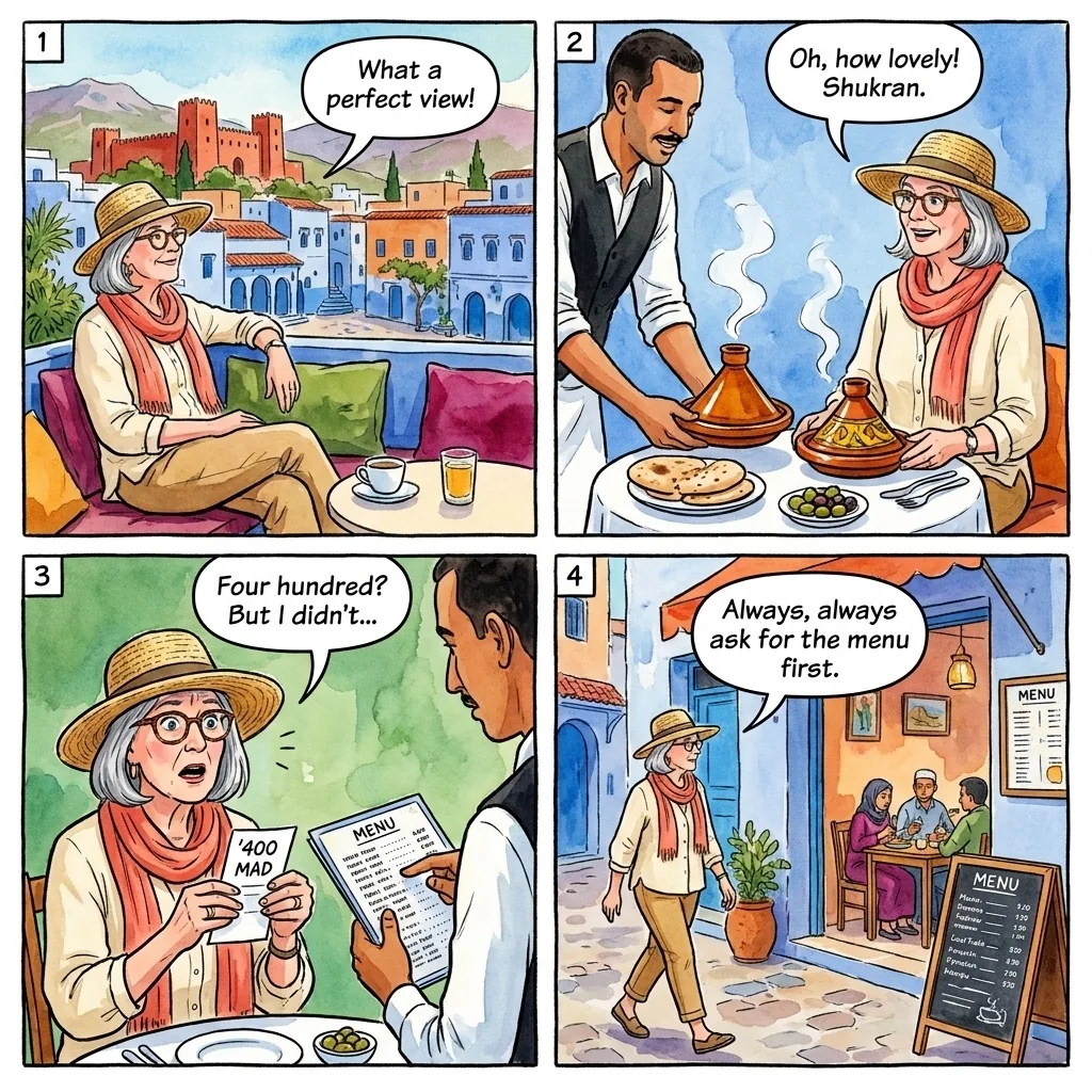 Plaza Uta el-Hammam Cafe Overcharge — comic illustration