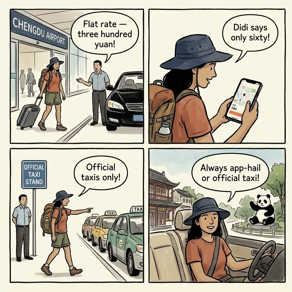 Tianfu Airport & Chengdu Shuangliu Taxi Scams — comic illustration