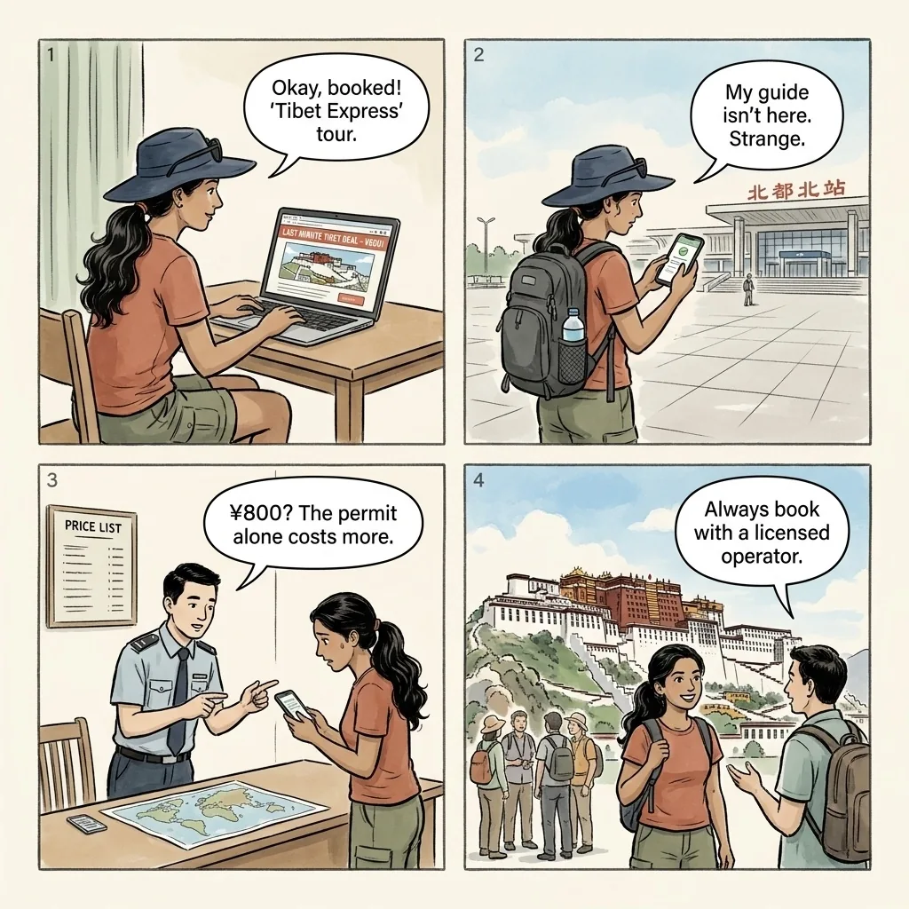 Chengdu Tibet Tour Permit & Package Scam — comic illustration