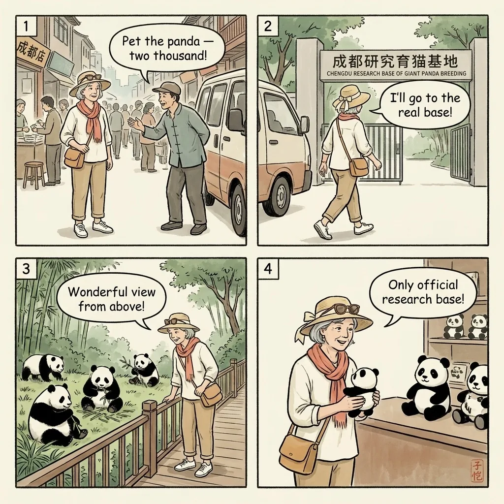 Chengdu Panda Base Tour Package Overcharge — comic illustration