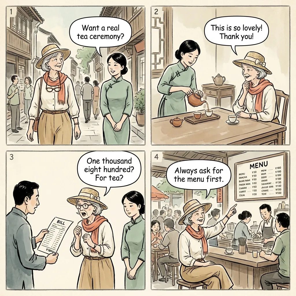 Chengdu Tea House Scam at Kuanzhai Alley & Jinli — comic illustration