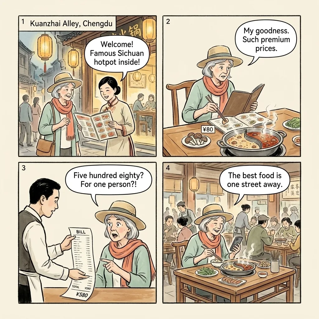 Sichuan Hotpot Tourist-Menu & 'Famous Restaurant' Overcharge — comic illustration