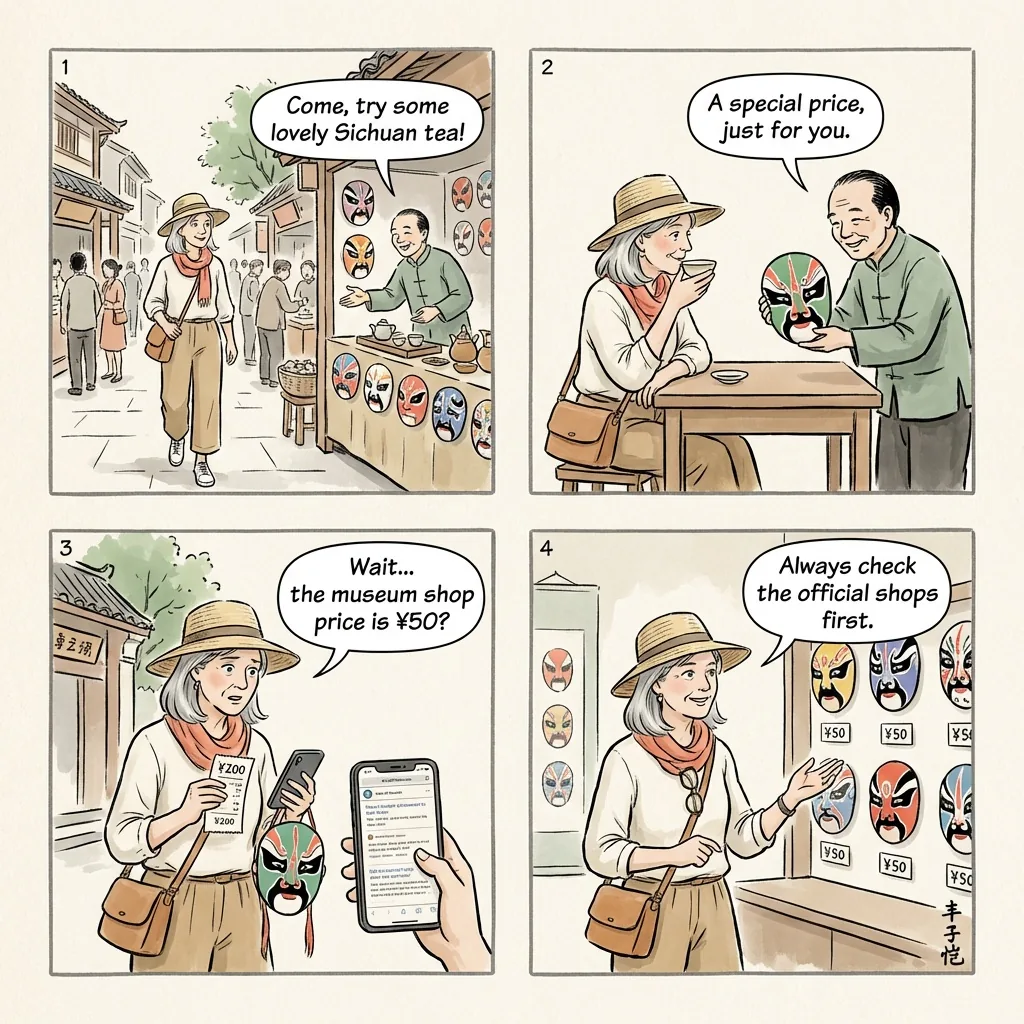 Jinli Ancient Street & Kuanzhai Alley Souvenir Overcharge — comic illustration