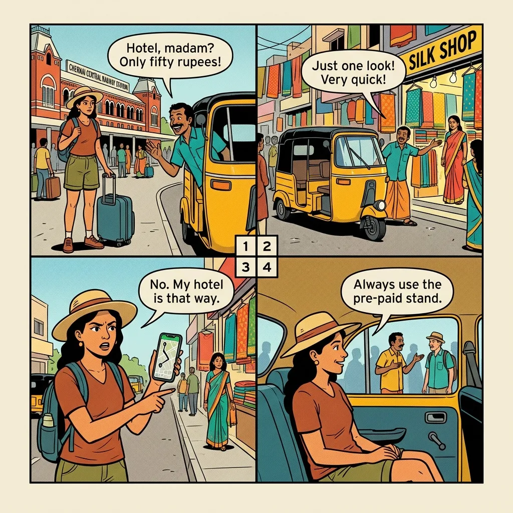 The Chennai Central Auto Commission Loop — comic illustration