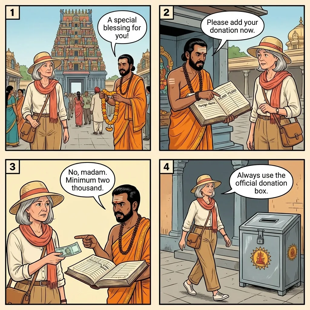 The Kapaleeshwarar Temple Blessing Shakedown — comic illustration
