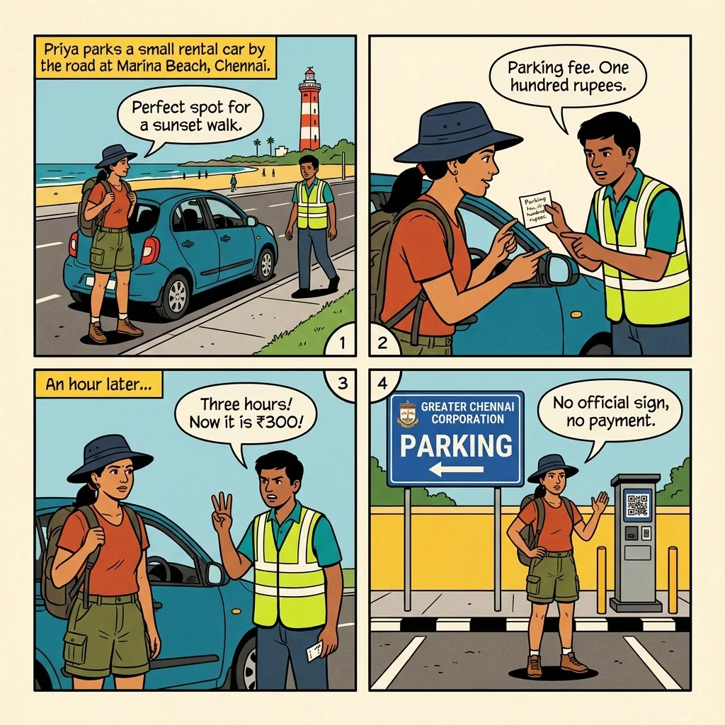 The Marina Beach Parking Extortion — comic illustration