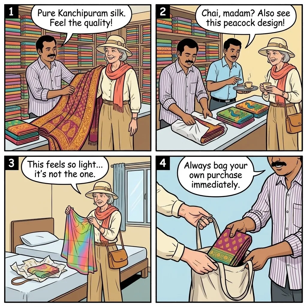The T. Nagar Silk Saree Switcheroo — comic illustration
