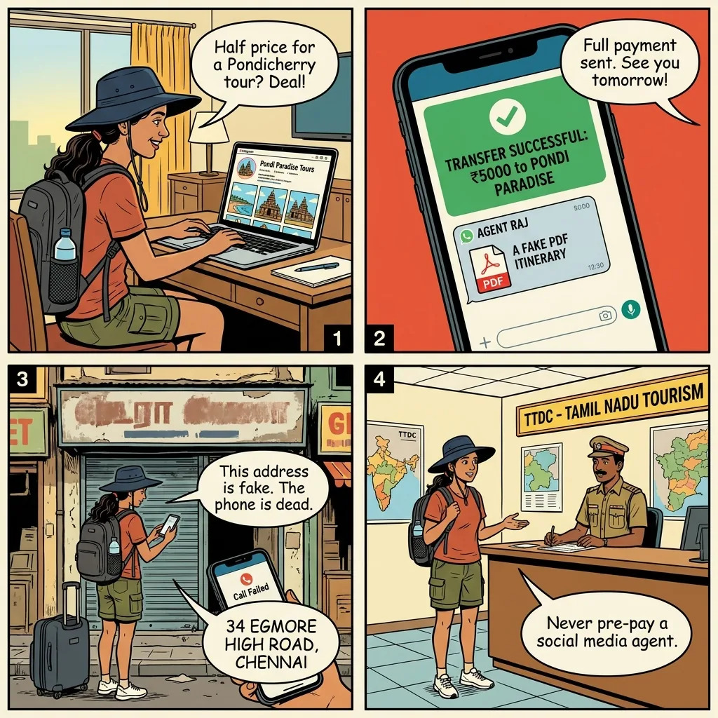 The Egmore Fake Tour Agent Vanish — comic illustration
