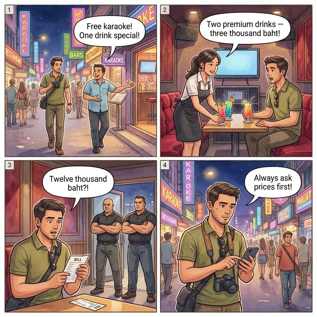 Sri Don Chai Karaoke Bill Extortion — comic illustration