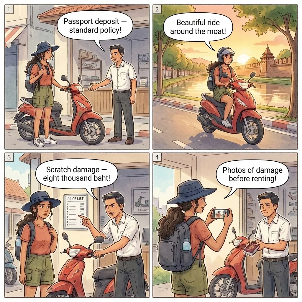 Scooter Rental Passport-Hostage Damage Charge — comic illustration