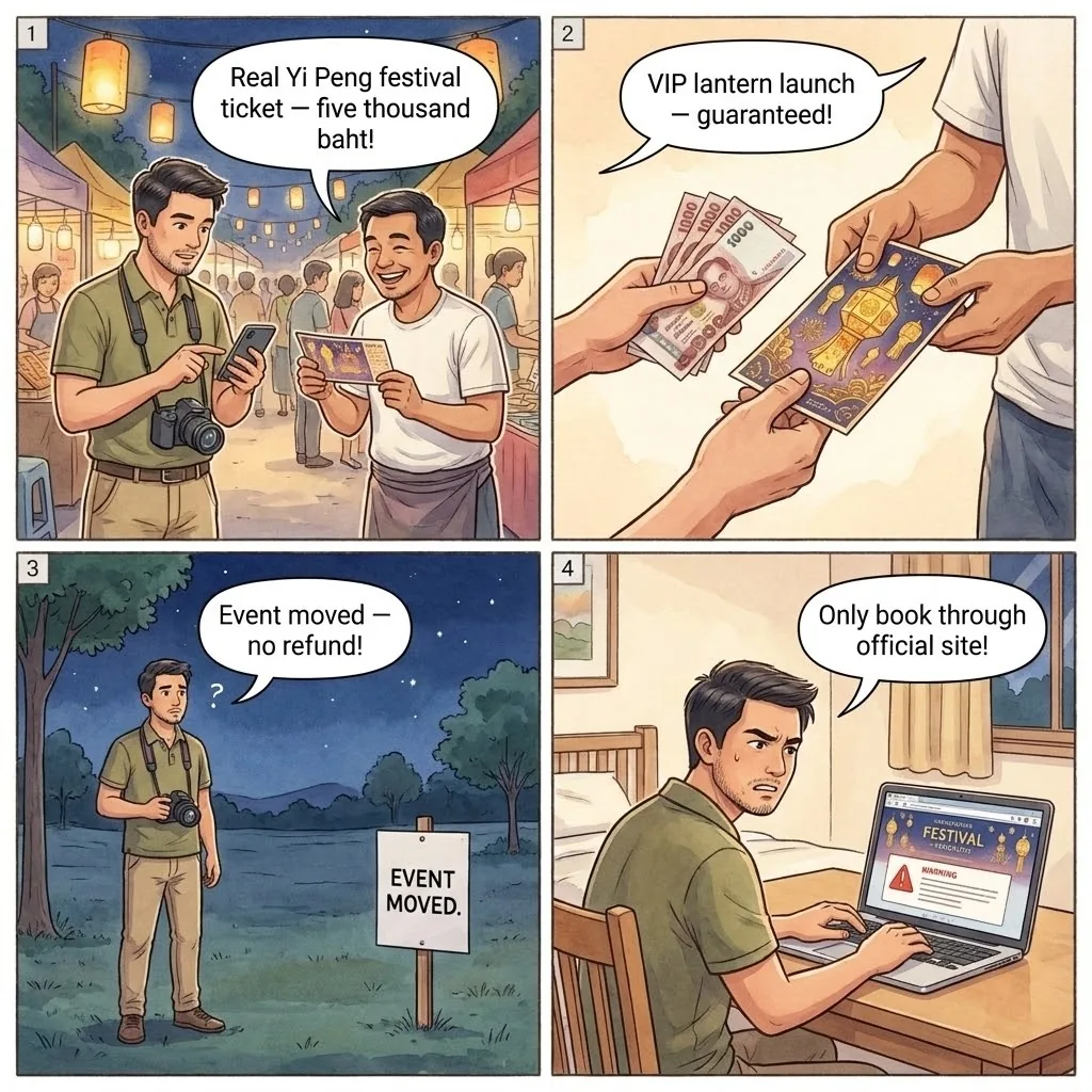 Yi Peng Lantern Festival Ticket Fraud — comic illustration