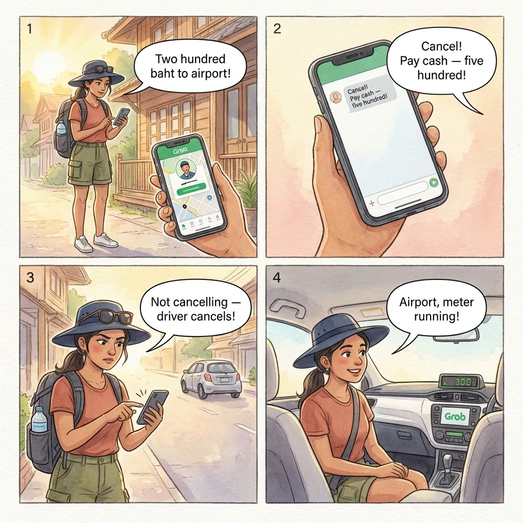 Grab / Bolt Cancel-and-Pay-Cash Switch — comic illustration