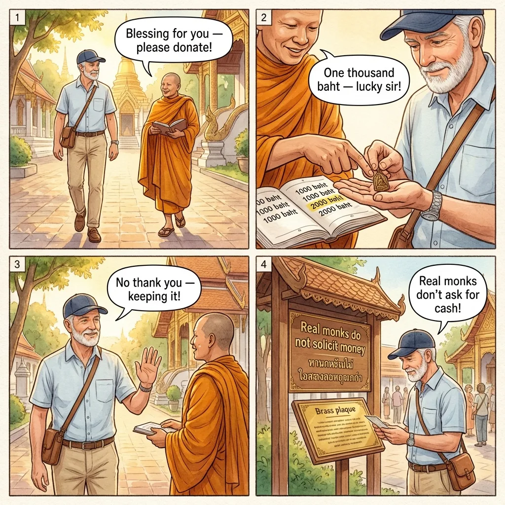 Fake Monk Donation Request — comic illustration