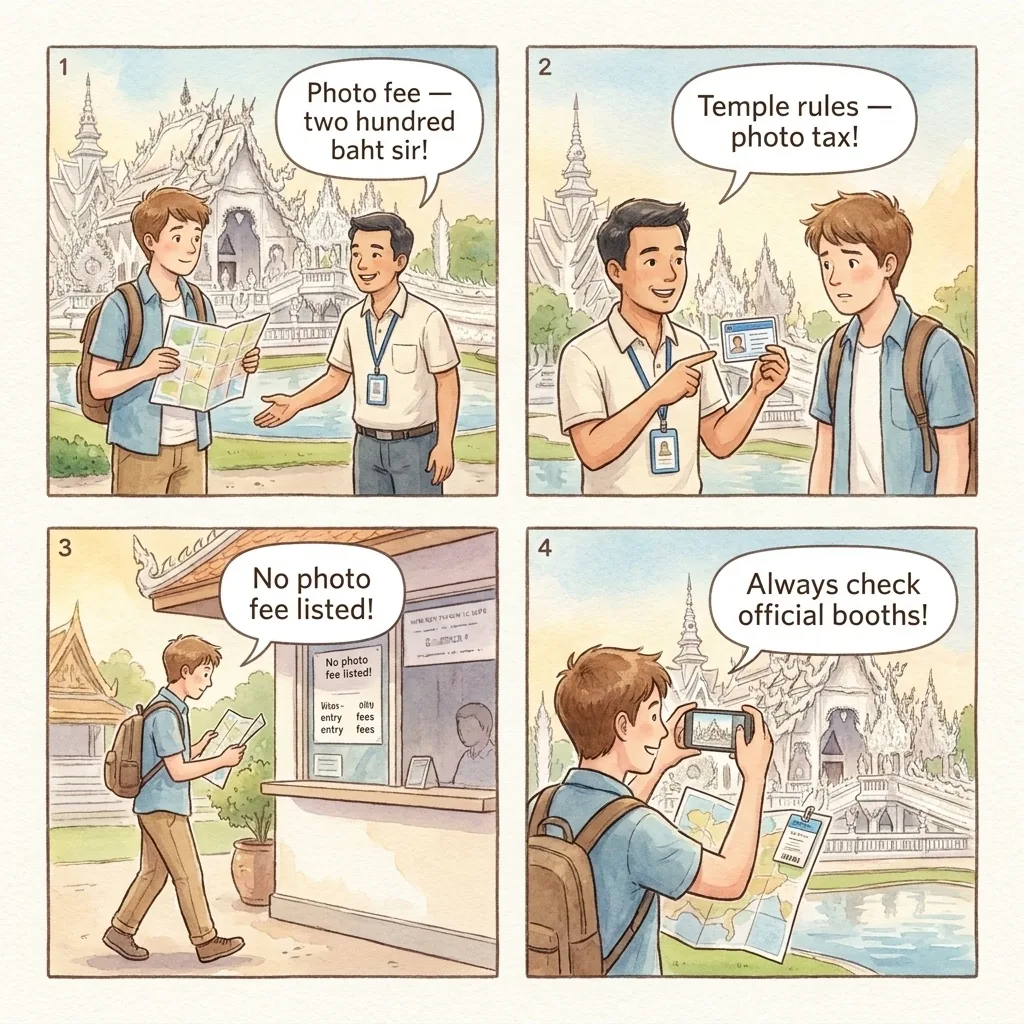 The White Temple Photo Fee Scam — comic illustration