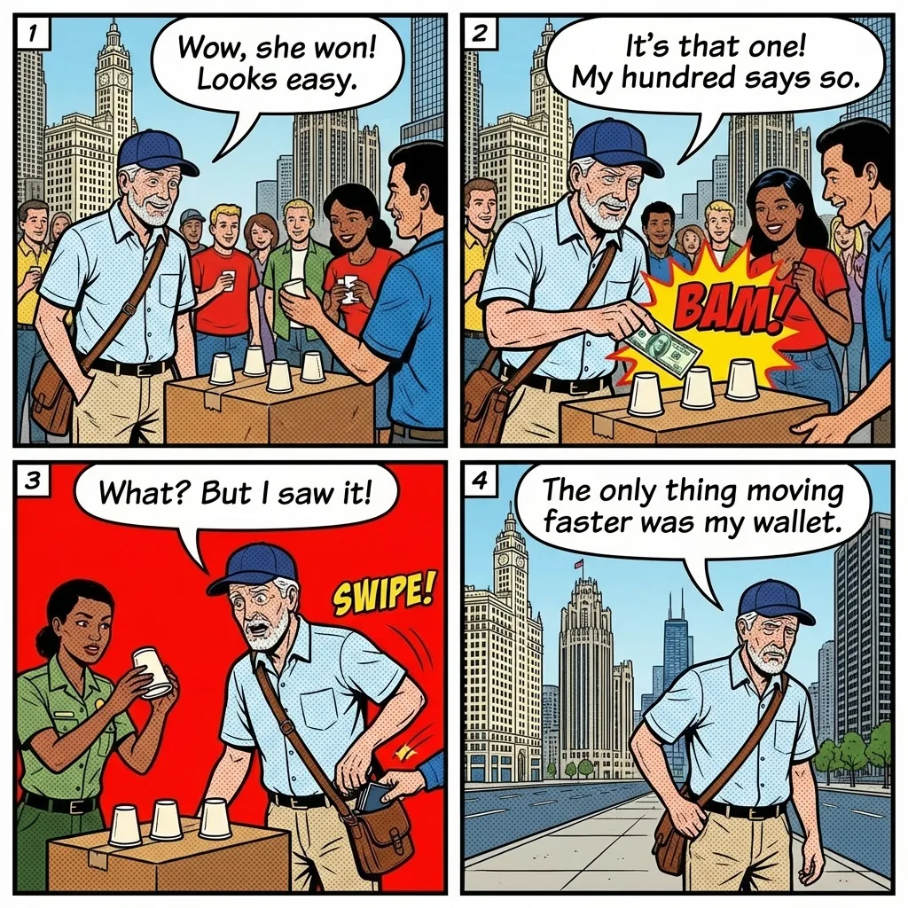Shell Game Hustle — comic illustration