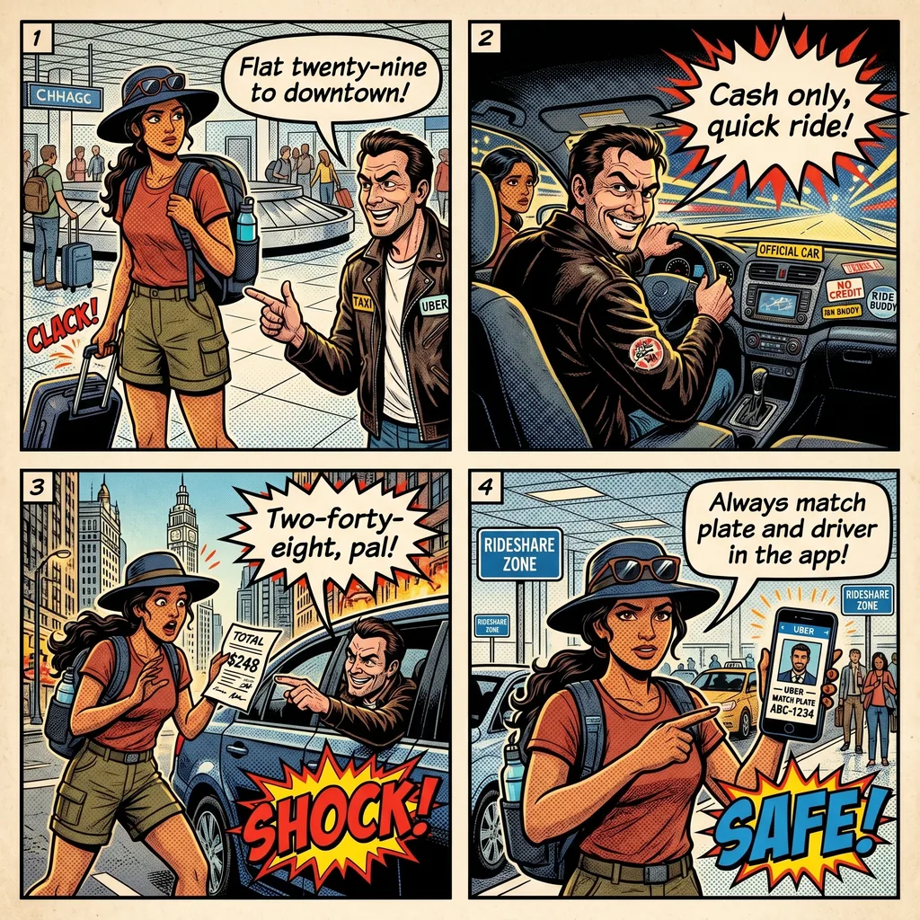 Fake Taxi and Rideshare at O'Hare — comic illustration